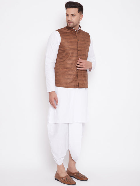 Vastramay Men's Coffee Brown And White Cotton Blend Jacket, Kurta and Dhoti Set